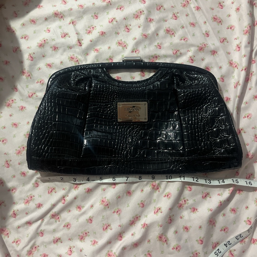 Nicole Glossy Black Croc-Embossed Clutch